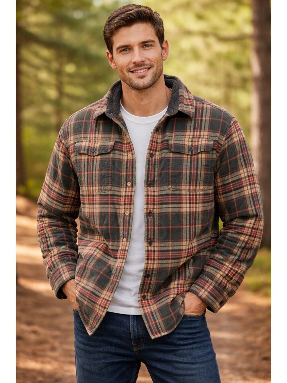 L.L.Bean plaid flannel shirt-jacket sherpa lining Sz M Outer Wear Lumber Jack